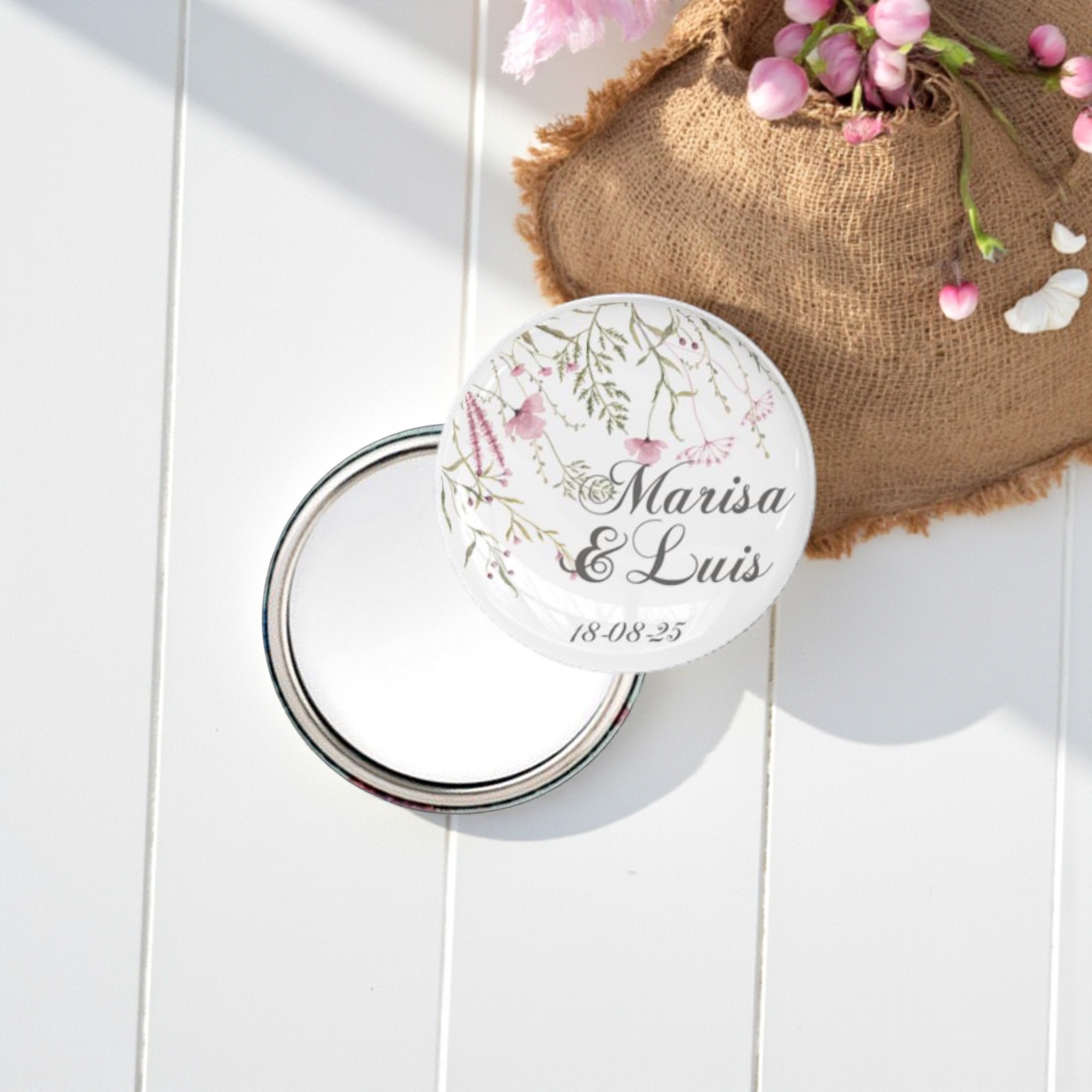Espejo personalizado boda con diseño floral romántico