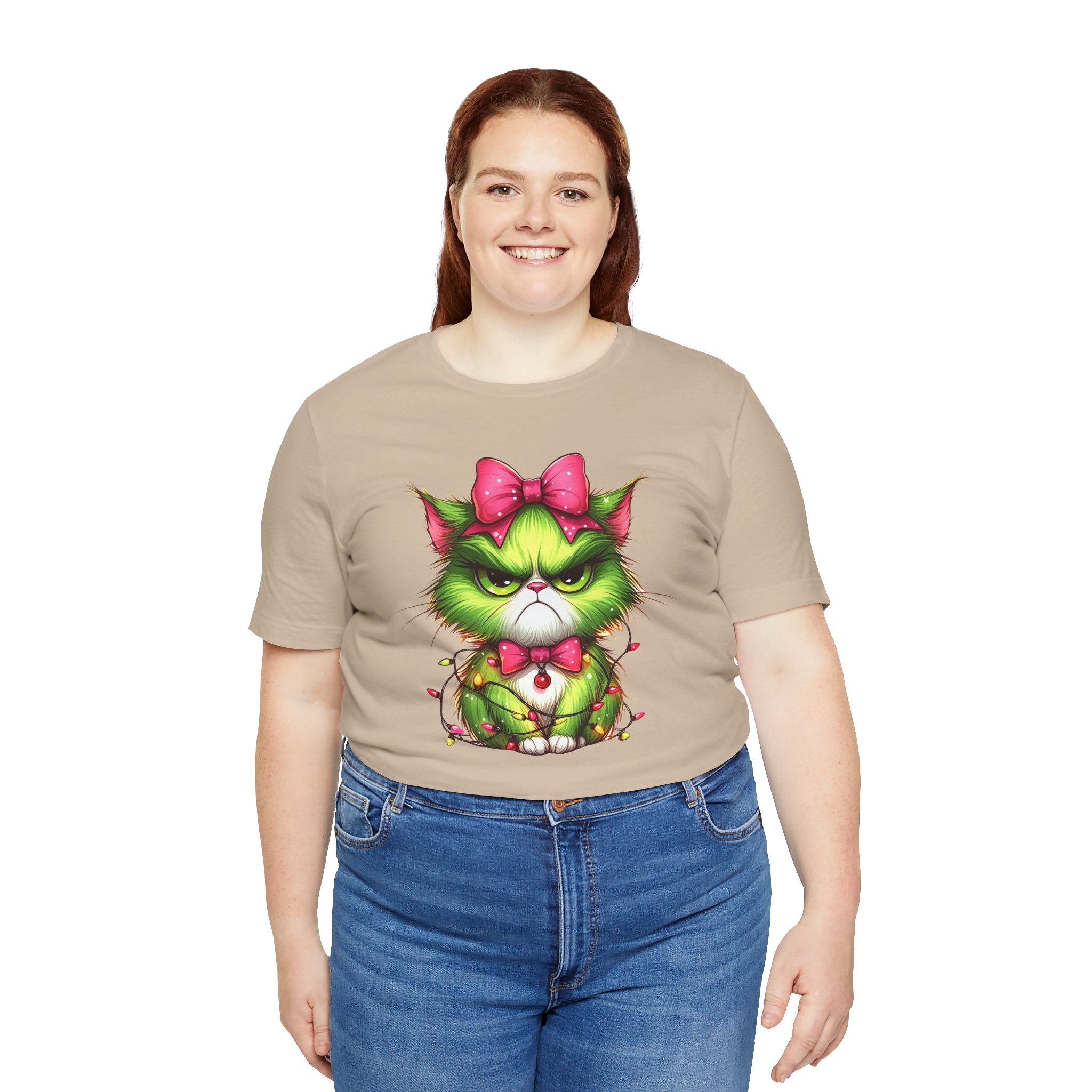 Camiseta Gato Grinch navideño con lazo rosa