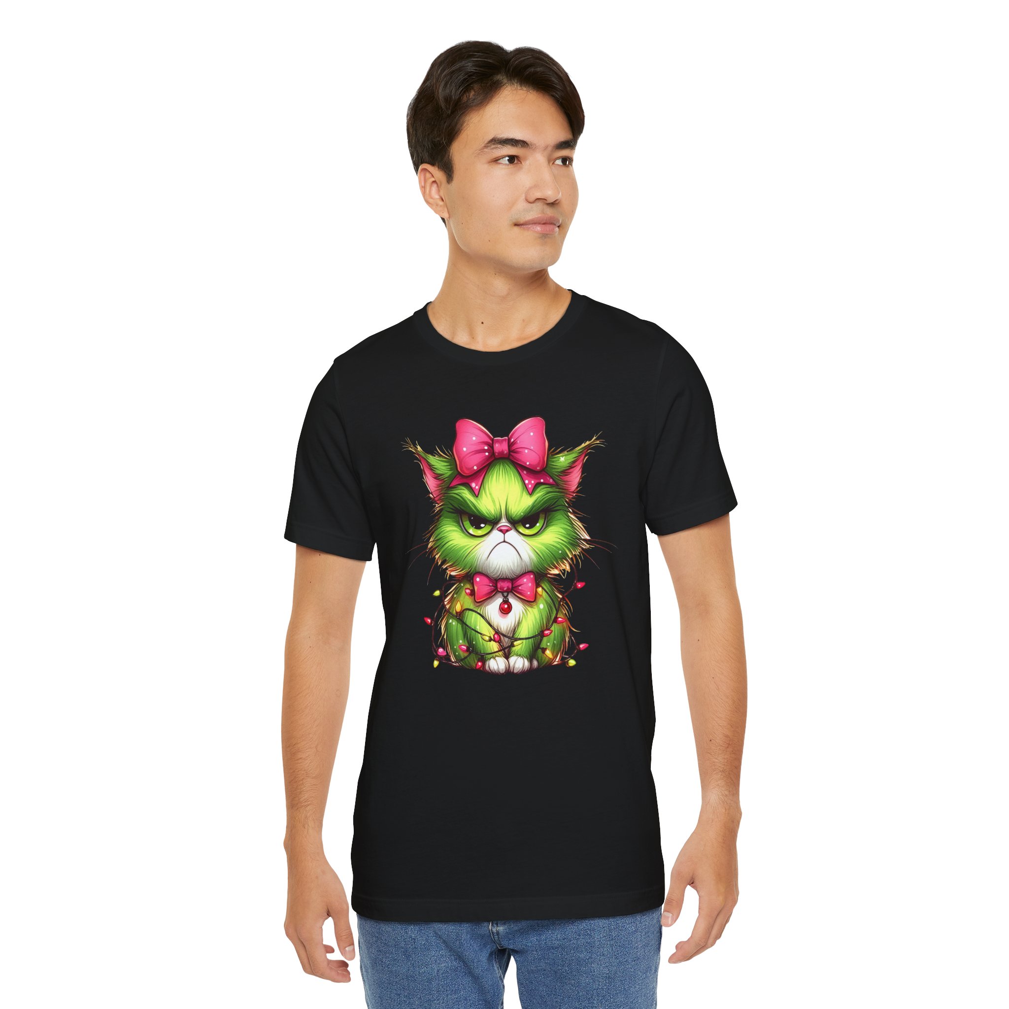 Camiseta Gato Grinch navideño con lazo rosa - Imagen 2