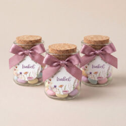 Tarro de chuches personalizado bautizo floral lila con corcho y lazo malva