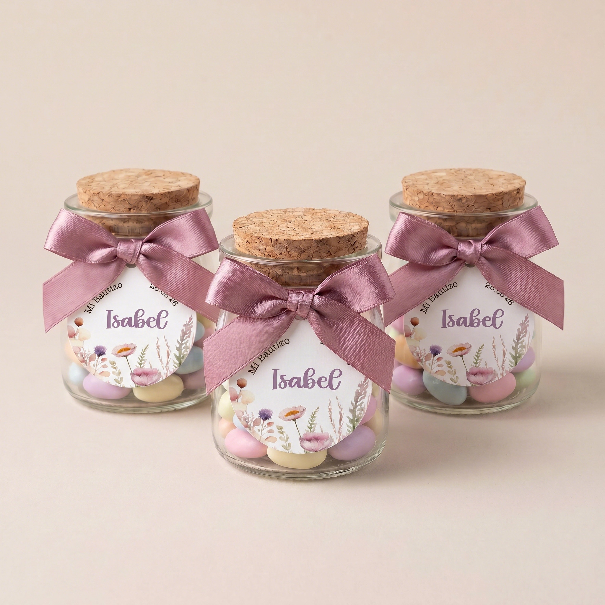 Tarro de chuches personalizado bautizo floral lila con corcho y lazo malva