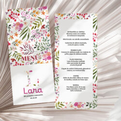 Menú personalizado comunión niña floral fucsia con inicial