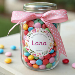 Tarro de chuches personalizado comunión niña floral con lazo rosa