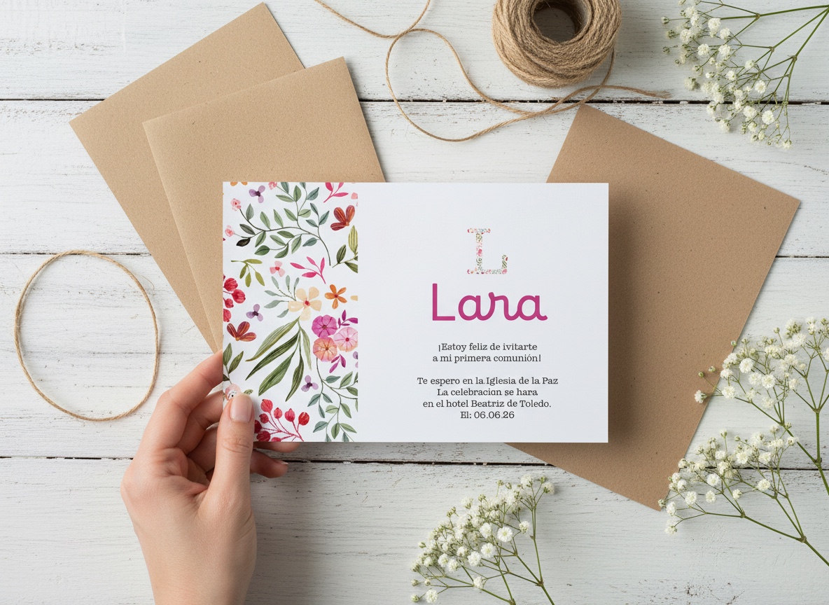 Invitación comunión niña floral fucsia personalizada con inicial