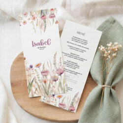 Menú personalizado bautizo floral silvestre lila con nombre