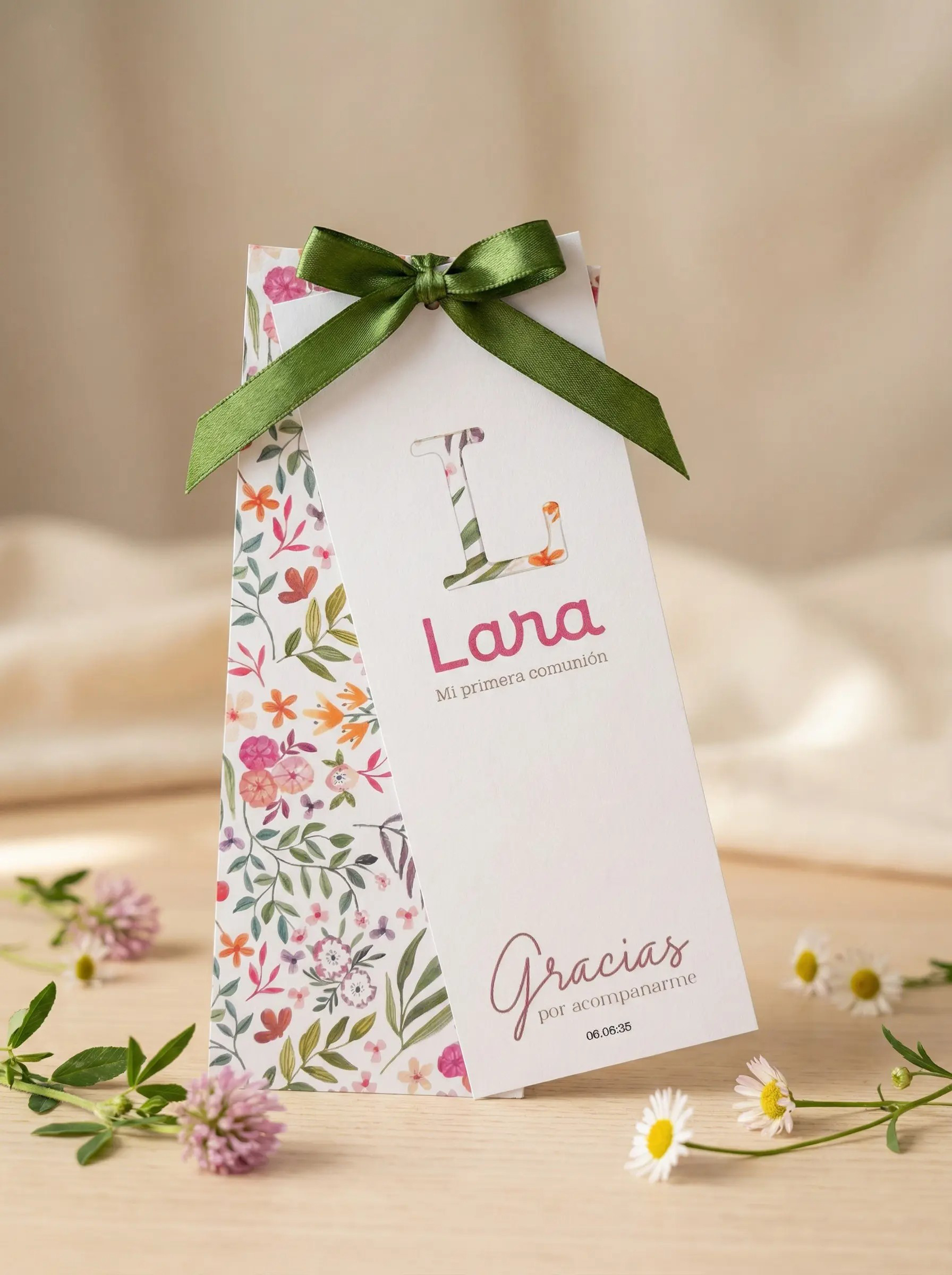 Tarjeta de Agradecimiento Comunión Niña – Diseño Floral con Inicial y Lazo