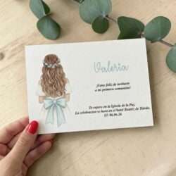 invitación comunión niña, tarjeta comunión personalizada, invitaciones comunión verde agua, invitación comunión elegante, tarjeta comunión con lazo, invitaciones primera comunión
