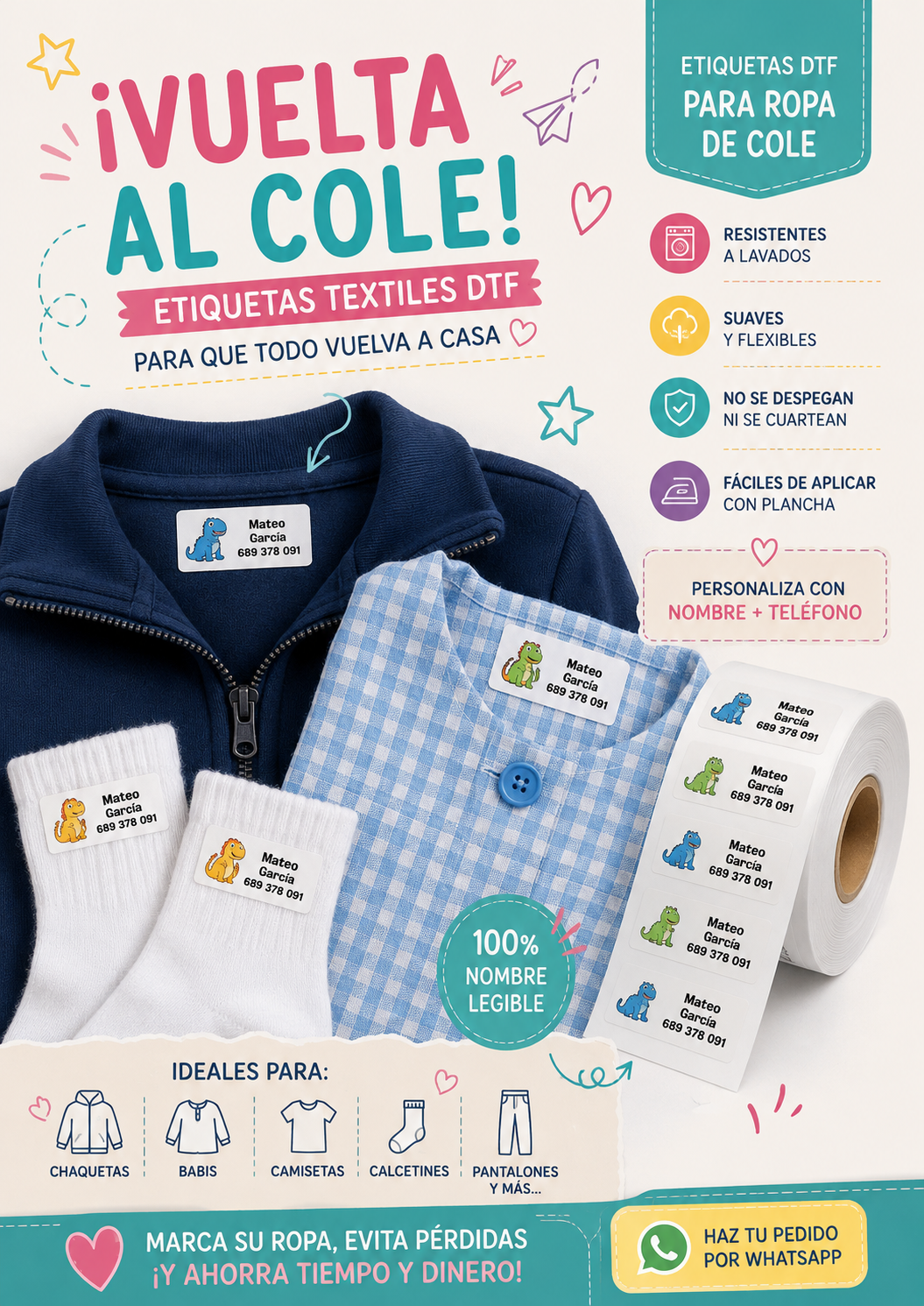 Pack 32 Etiquetas Textiles Personalizadas para Ropa – Vuelta al Cole